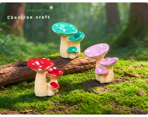 Macro detail of resin miniature mushroom clusters with white spots on mossy background