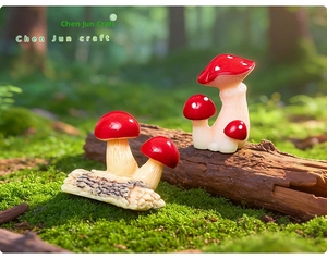 Macro view of realistic resin mushroom clusters on natural moss background