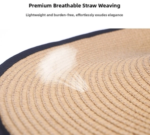Detail of breathable straw weaving texture and black fabric trim on the sun hat brim