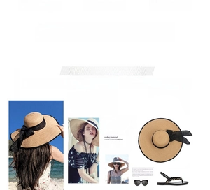 Detail of wide brim straw hat with black ribbon bow for sun protection beach vacation
