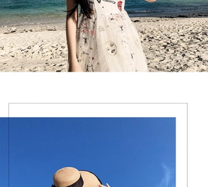 Detail of white embroidered sun dress and wide brim straw hat for summer beach vacation