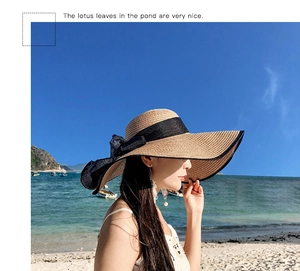 Detail of wide brim straw sun hat with black ribbon bow against beach background