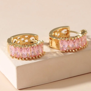 Elegant gold-plated huggie hoop earrings with pink rectangular zircon gemstones