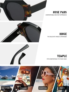 Detail of geometric sunglasses showing comfortable nose pads and reinforced hinges design