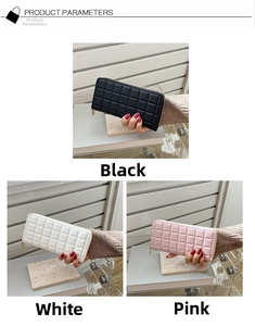 Three-color display of quilted PU leather long wallets in black, white, and pink