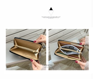 Detail of multi-slot interior in black PU leather long wallet with cash and card compartments