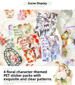 Detail van de waterbestendige PET-stickers met bloemmotieven en meisjes voor scrap