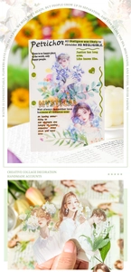 Macro-opname van transparante PET-stickers met bloemmotieven en menselijke figuren