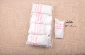 Detailed view of white knee-high socks with pink stripes in transparent packaging