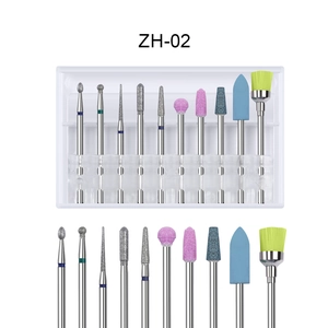 Detailed set of 10 tungsten alloy nail drill bits with brush in a storage box