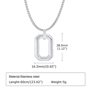 Detail showing stainless steel geometric double ring pendant dimensions and material specs