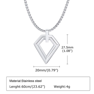 Detailed view of silver stainless steel geometric pendant with chain dimensions and weight