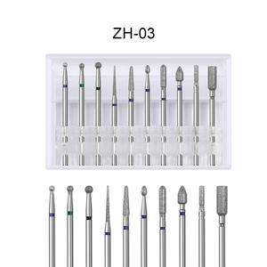 Detail of 10-piece tungsten carbide nail drill bit set with diamond coating in a storage box