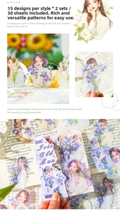Detail van vintage bloemenstickers op een planner met waterdichte PET-afwerking
