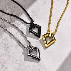 Minimalist geometric hollow rhombus pendants for men in black, gold and silver stainless steel