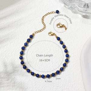 6mm blue stone beaded bracelet with gold stainless steel chain and 16+5cm adjustable clasp