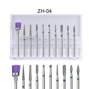 Detailed 10-piece nail drill bit set with diamond heads and brush in a storage case