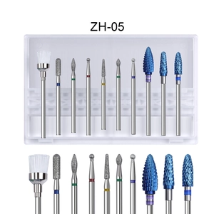 Close-up of 10-piece nail drill bit set ZH-05 with brush in a translucent plastic case