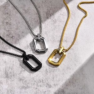Minimalist geometric hollow rectangle pendants in black, silver, and gold stainless steel