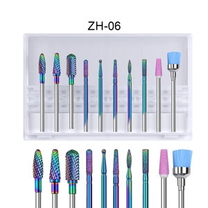 Macro shot of ZH-06 tungsten steel nail drill bits set with rainbow finish and brush