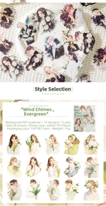 Detail van 30 stuks waterdichte PET-stickers met vintage anime-bloemen en figuren