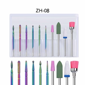 Detailed macro view of a 10-piece nail drill bit set with rainbow coating and storage box