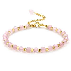 6mm rose quartz beaded bracelet with gold accents and adjustable lobster clasp chain