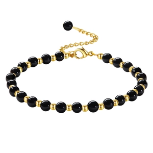 Adjustable 6mm black obsidian beaded bracelet with gold accents and lobster clasp