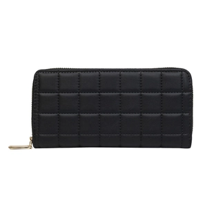 Women's long PU leather quilted checkered wallet with gold zipper in black color