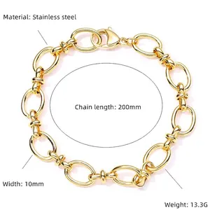 Gold-plated stainless steel chain bracelet, 200mm length, 10mm width with lobster clasp