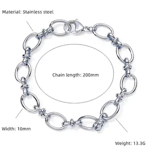 Detail of 10mm stainless steel chain bracelet with lobster clasp and sizing specs