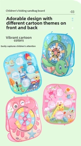 Detailed view of four foldable bean bag toss boards with colorful cartoon animal themes