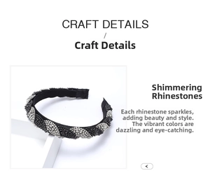 Detailed view of handmade headband featuring alternating silver and black rhinestones
