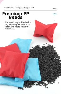 Detail of red and blue sandbags with safe PP plastic pellet filling for tossing games