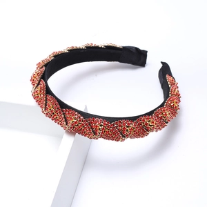 Baroque wide headband with red rhinestones and gold twisted chain on black fabric base