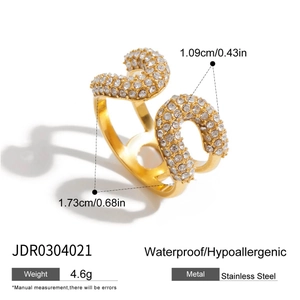 Gold plated stainless steel wrap ring with micro-pave cubic zirconia and unique double line
