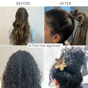Comparison of frangipani flower hair claws showing before and after styling for thick hair