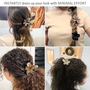 Detailed views of matte frangipani flower hair clips styled in various hair arrangements