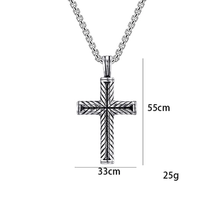 Vintage stainless steel cross necklace for men with engraved texture and 55cm bead chain