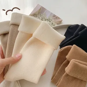 Women Winter Thermal Crew Socks Thickened Fleece Lined Ribbed Knit Warm Sleep Floor Socks Solid Color Soft Comfortable