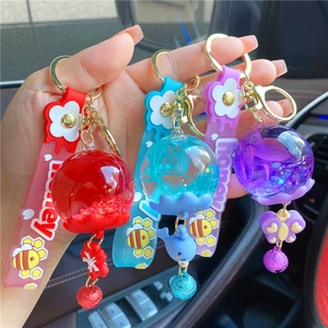 Close-up of creative jellyfish liquid glitter keychains with silicone honey wrist straps