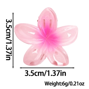 Pink frangipani flower hair clip detail showing 3.5cm size and 6g lightweight specs