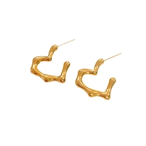 Minimalist golden titanium heart earrings with irregular wavy design and polished finish