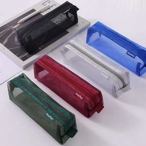 Transparent mesh pencil cases in five colors with zipper closure and portable loop