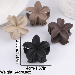 Detailed size specifications of flower hair claws in four matte colors with dimensions