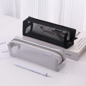 Minimalist transparent mesh pencil case in black and grey for school stationery storage