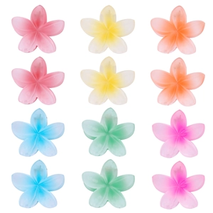 Close-up of 12pcs colorful plumeria flower hair clips in various gradient matte finishes