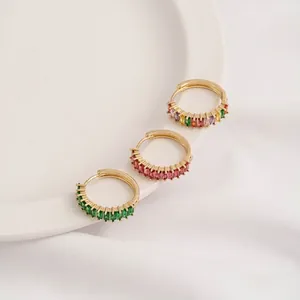 14K gold plated hoop earrings with green, pink, and multi-color rectangular crystals