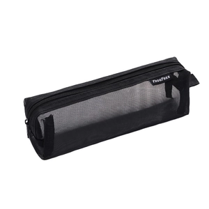 Minimalist black mesh pencil case with zip closure and fabric tag for stationery storage