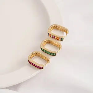 14K gold plated hoop earrings with colorful rectangle zircon crystals in elegant style